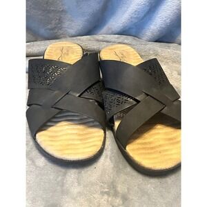 Comfort Wave Cork Wedge Sandals Women's Size 11 Black Floral Cutout Slides